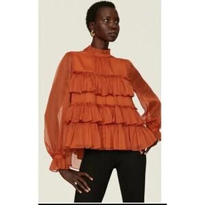 Adam Lippes Tiered Statement Ruffle Top Blouse in Brick Orange. Size 2.